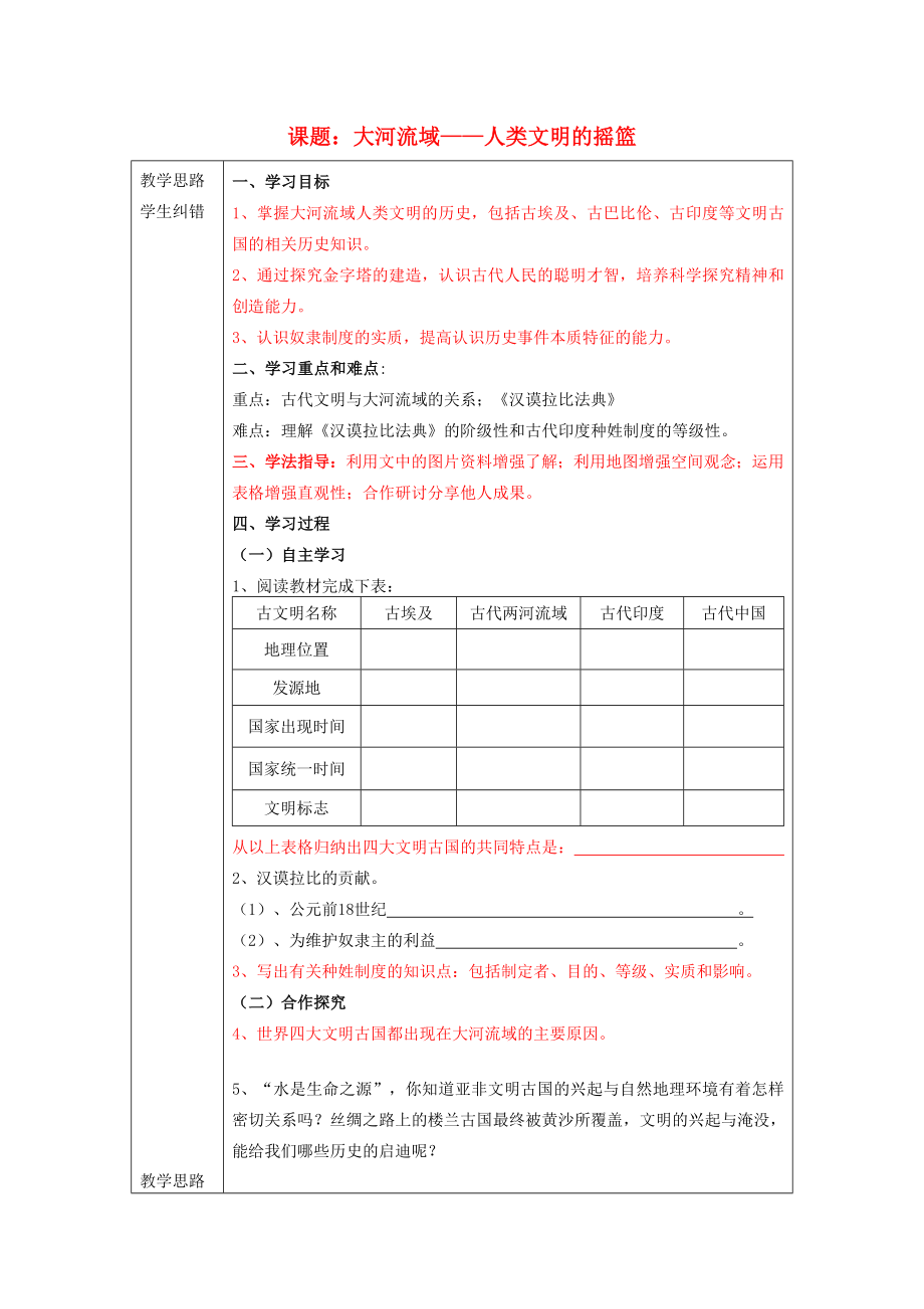 安徽省蚌埠市五河縣2020學年“三為主”課堂九年級歷史上冊 大河流域—人類文明的搖籃導學案（無答案） 新人教版_第1頁