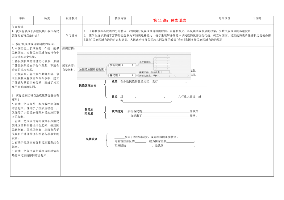 吉林省公主嶺市第4中學(xué)八年級歷史下冊 第11課民族團(tuán)結(jié)學(xué)案（無答案） 新人教版_第1頁