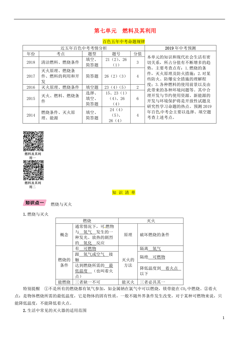 （百色專版）2019屆中考化學(xué)復(fù)習(xí) 第1編 教材知識(shí)梳理篇 第7單元 燃料及其利用（精講）練習(xí)_第1頁(yè)