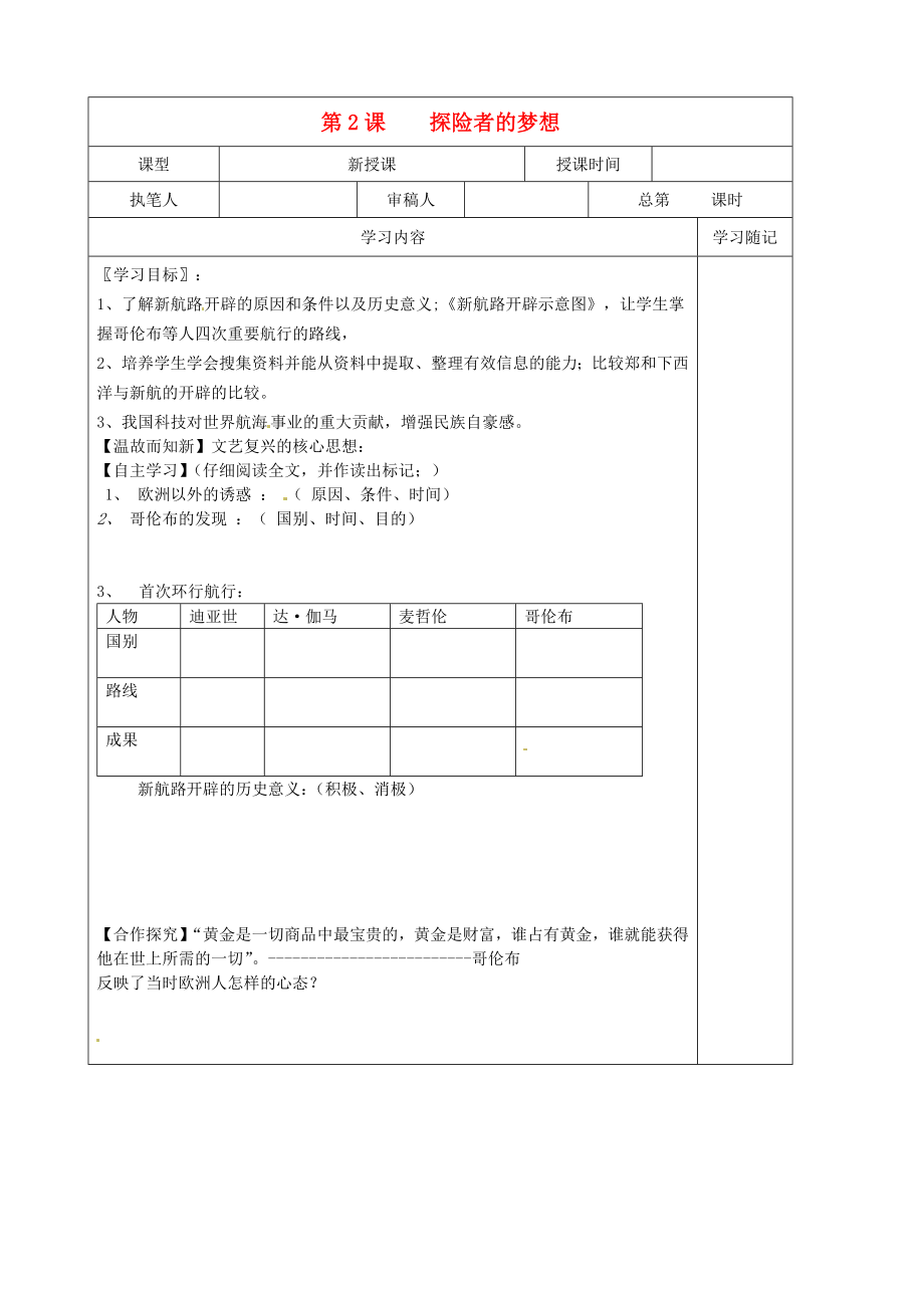 山東省冠縣賈鎮(zhèn)中學九年級歷史上冊 第2課《探險者的夢想》學案（無答案） 北師大版_第1頁