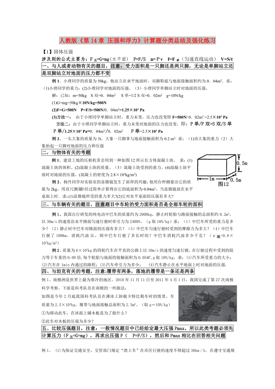 人教版《第14章 壓強和浮力》計算題分類總結及強化練習_第1頁