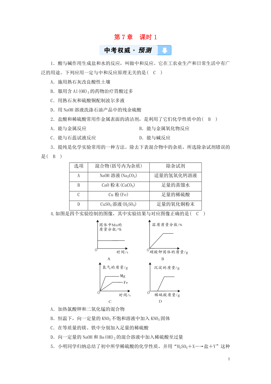 （遵義專用）2019中考化學高分一輪復習 第1部分 教材系統(tǒng)復習 第7章 應用廣泛的酸、堿、鹽 課時1 溶液的酸堿性 常見的酸和堿 中和反應權(quán)威預測_第1頁