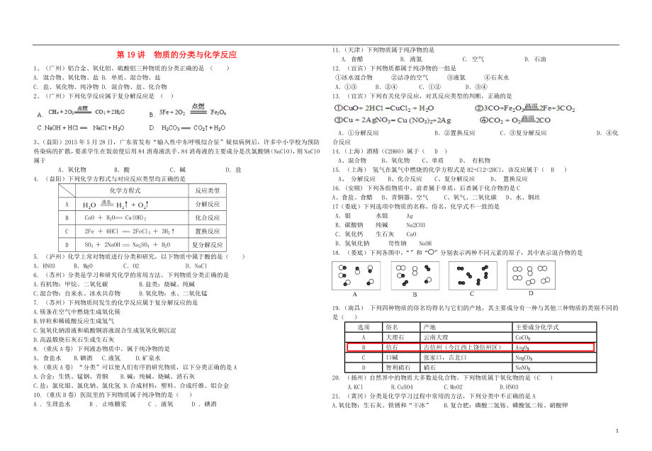 中考化學(xué)專題復(fù)習(xí)講練 第19講 物質(zhì)分類與化學(xué)反應(yīng)（無答案）_第1頁(yè)