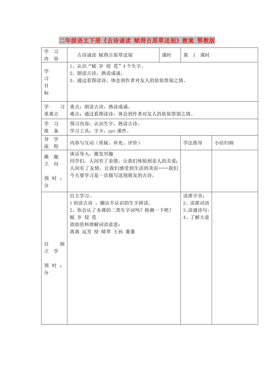 二年級(jí)語文下冊《古詩誦讀 賦得古原草送別》教案 鄂教版_第1頁