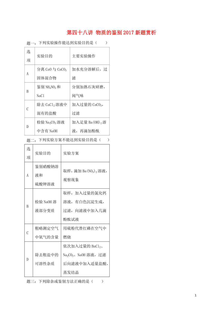 2018年中考化学第二轮专题复习 第48讲 物质的鉴别（2017新题赏析）课后练习_第1页