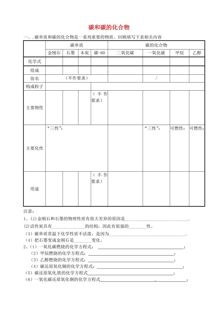 山東省高密市銀鷹文昌中學(xué)九年級(jí)化學(xué)上冊(cè) 第六單元 碳和碳的化合物基礎(chǔ)復(fù)習(xí)（無(wú)答案）（新版）新人教版_第1頁(yè)