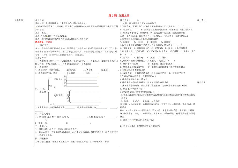 山東省夏津實驗中學七年級歷史下冊 第2課 貞觀之治教學案（無答案） 新人教版（通用）_第1頁