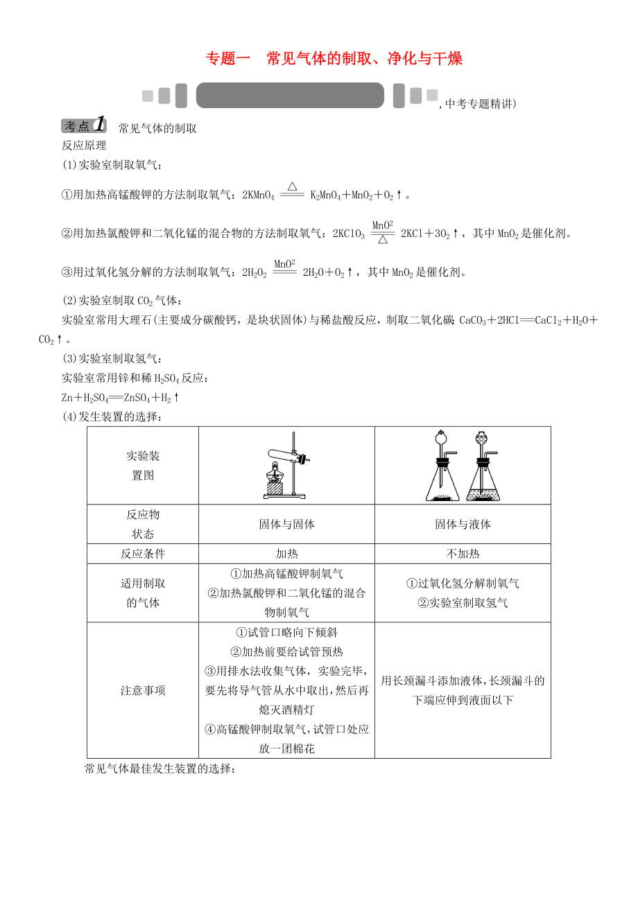 中考命題研究（懷化）2020中考化學(xué) 重點(diǎn)題型突破 專題一 常見氣體的制取、凈化與干燥（無答案）_第1頁