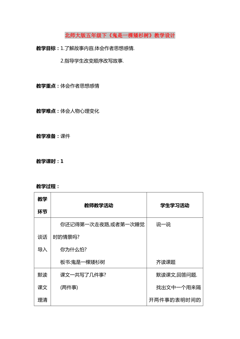 北師大版五年級下《鬼是一棵矮杉樹》教學(xué)設(shè)計_第1頁