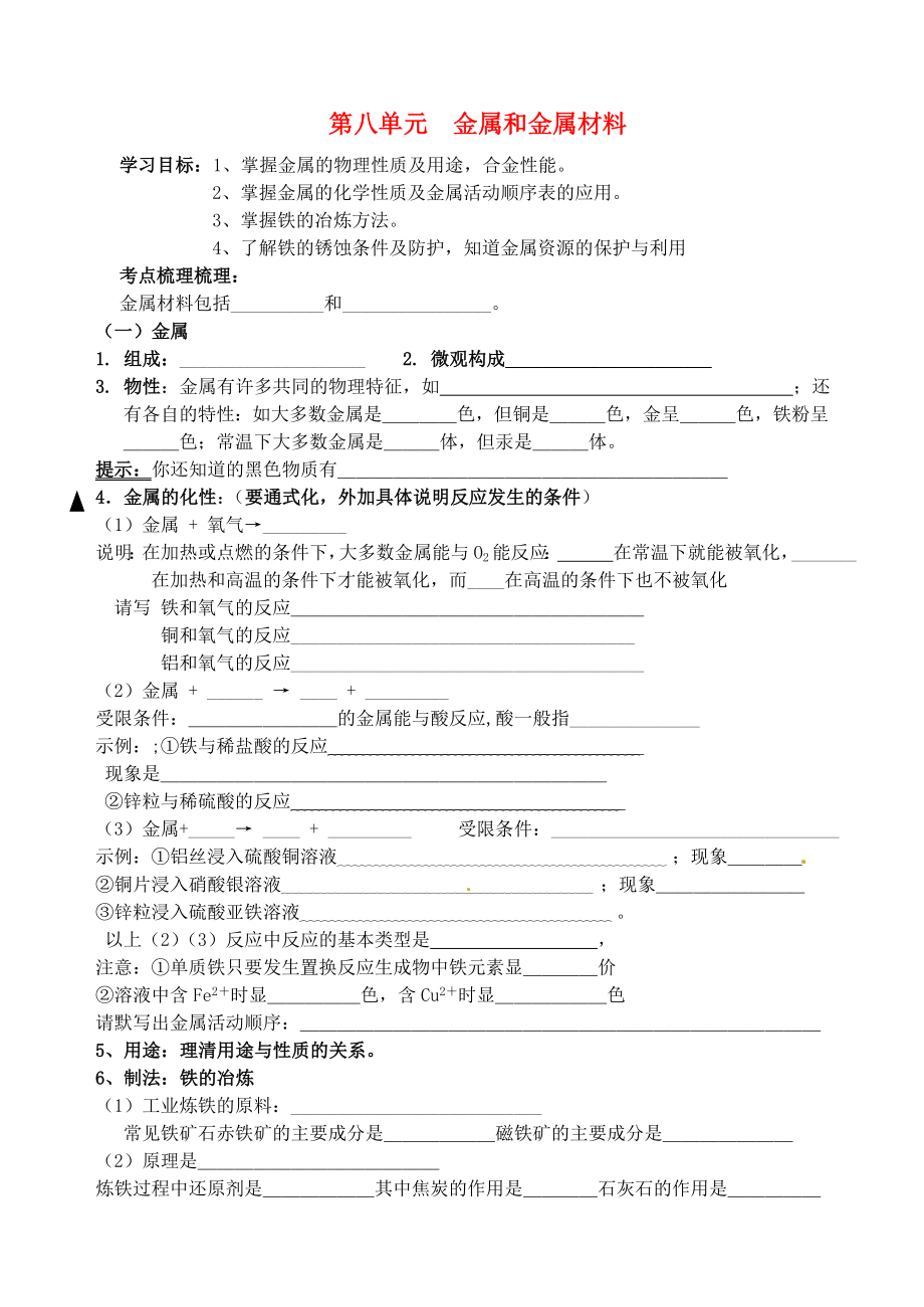 山東省高密市銀鷹文昌中學(xué)九年級化學(xué)下冊 第八單元 金屬和金屬材料復(fù)習(xí)學(xué)案（無答案）（新版）新人教版_第1頁