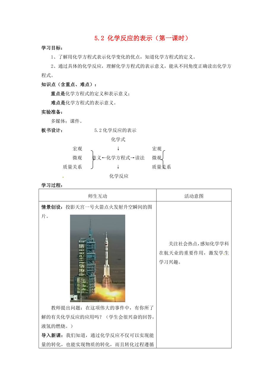 山東省棗莊市嶧城區(qū)吳林街道中學(xué)九年級(jí)化學(xué)全冊(cè) 第五單元 定量研究化學(xué)反應(yīng) 5.2 化學(xué)反應(yīng)的表示（第一課時(shí)）學(xué)案（無答案） 魯教版_第1頁