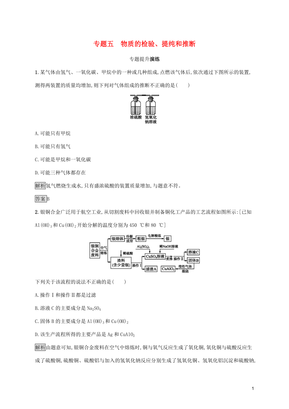 中考化學(xué)總復(fù)習(xí)優(yōu)化設(shè)計(jì) 第二板塊 專題綜合突破 專題五 物質(zhì)的檢驗(yàn)、提純和推斷專題提升演練_第1頁