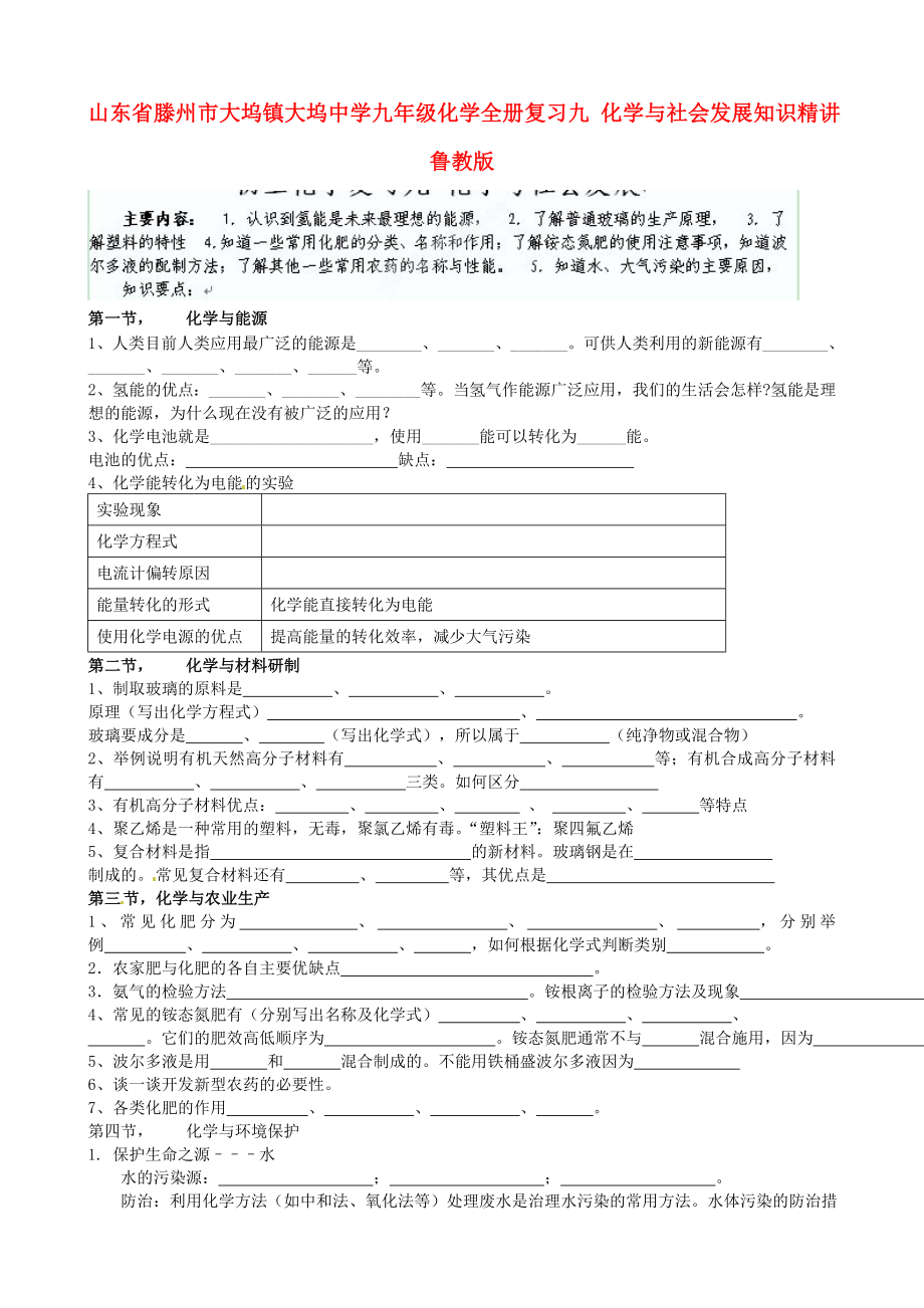 山東省滕州市大塢鎮(zhèn)大塢中學(xué)九年級化學(xué)全冊復(fù)習(xí)九 化學(xué)與社會發(fā)展知識精講（無答案） 魯教版（通用）_第1頁