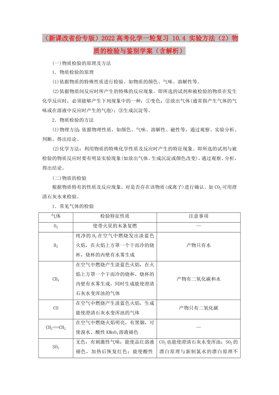 （新課改省份專版）2022高考化學(xué)一輪復(fù)習(xí) 10.4 實驗方法（2）物質(zhì)的檢驗與鑒別學(xué)案（含解析）_第1頁