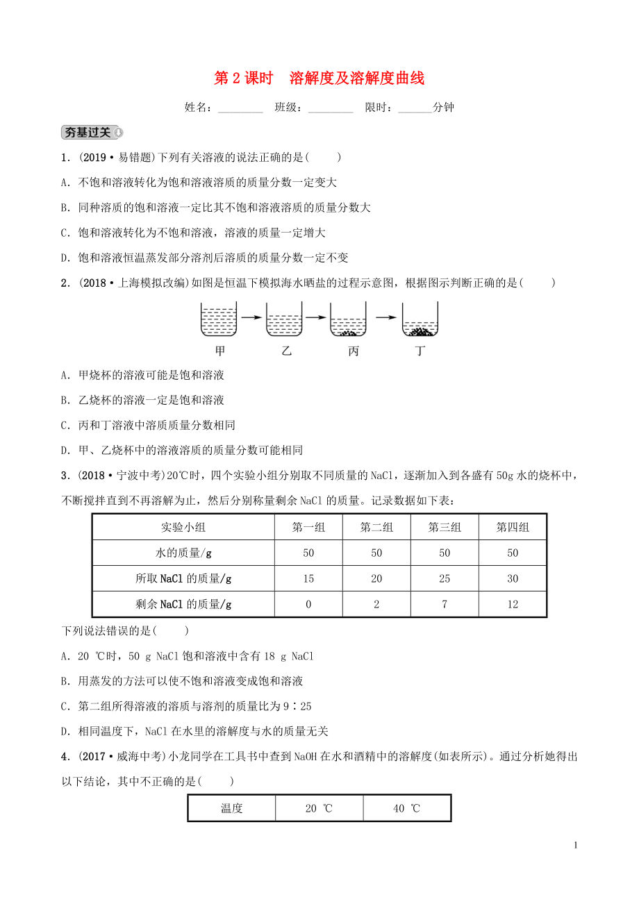 山東省東營市2019年初中化學(xué)學(xué)業(yè)水平考試總復(fù)習(xí) 第九單元 溶液 第2課時 溶解度及溶解度曲線練習(xí)_第1頁