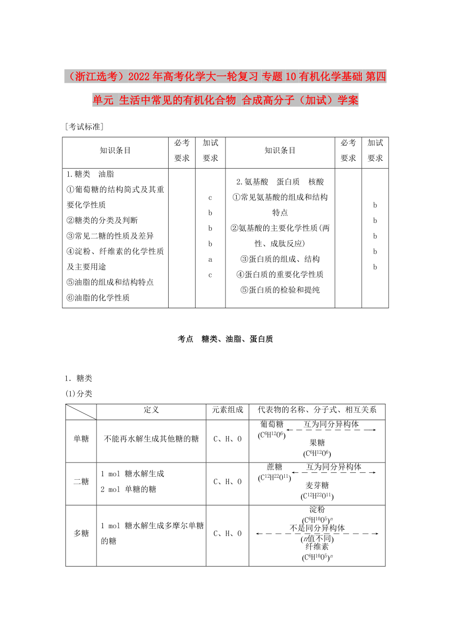 （浙江選考）2022年高考化學(xué)大一輪復(fù)習(xí) 專題10 有機化學(xué)基礎(chǔ) 第四單元 生活中常見的有機化合物 合成高分子（加試）學(xué)案_第1頁