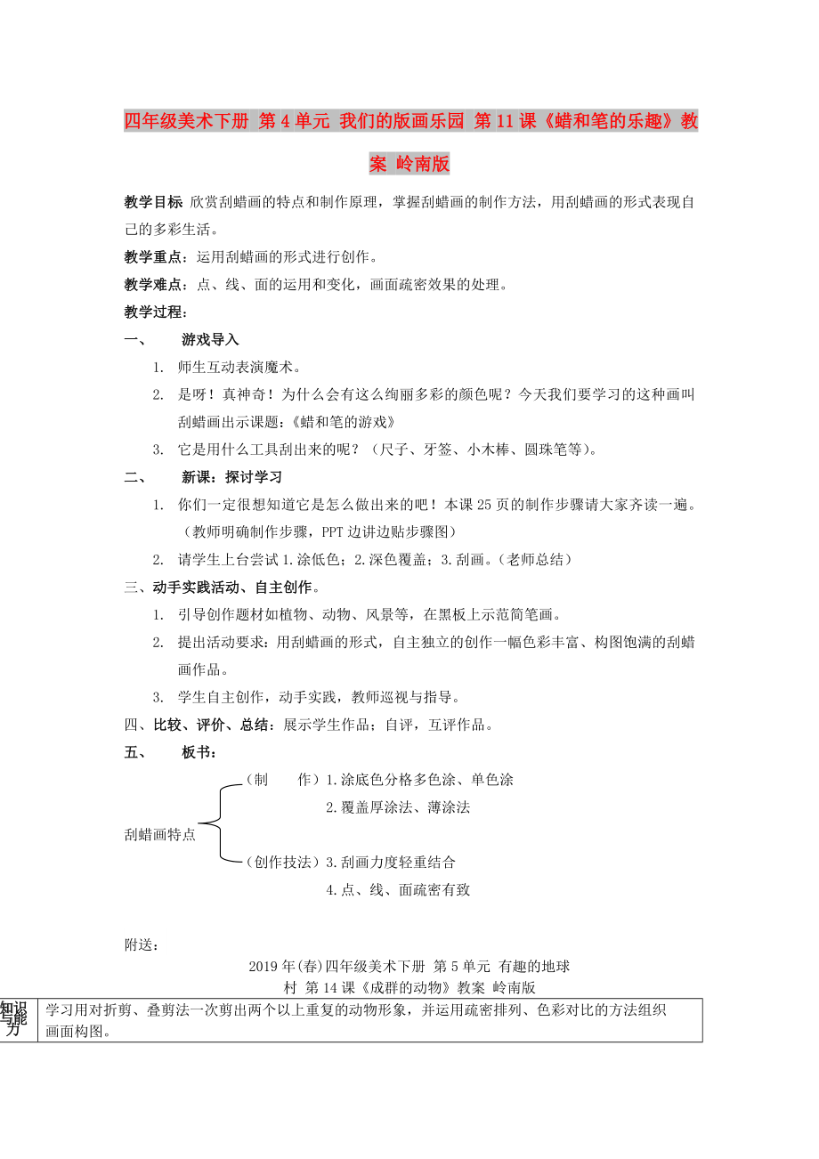 四年級美術(shù)下冊 第4單元 我們的版畫樂園 第11課《蠟和筆的樂趣》教案 嶺南版_第1頁