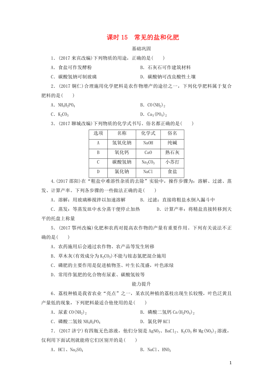 廣東省2018年中考化學(xué)總復(fù)習(xí) 課時(shí)15 常見的鹽和化肥練習(xí)_第1頁