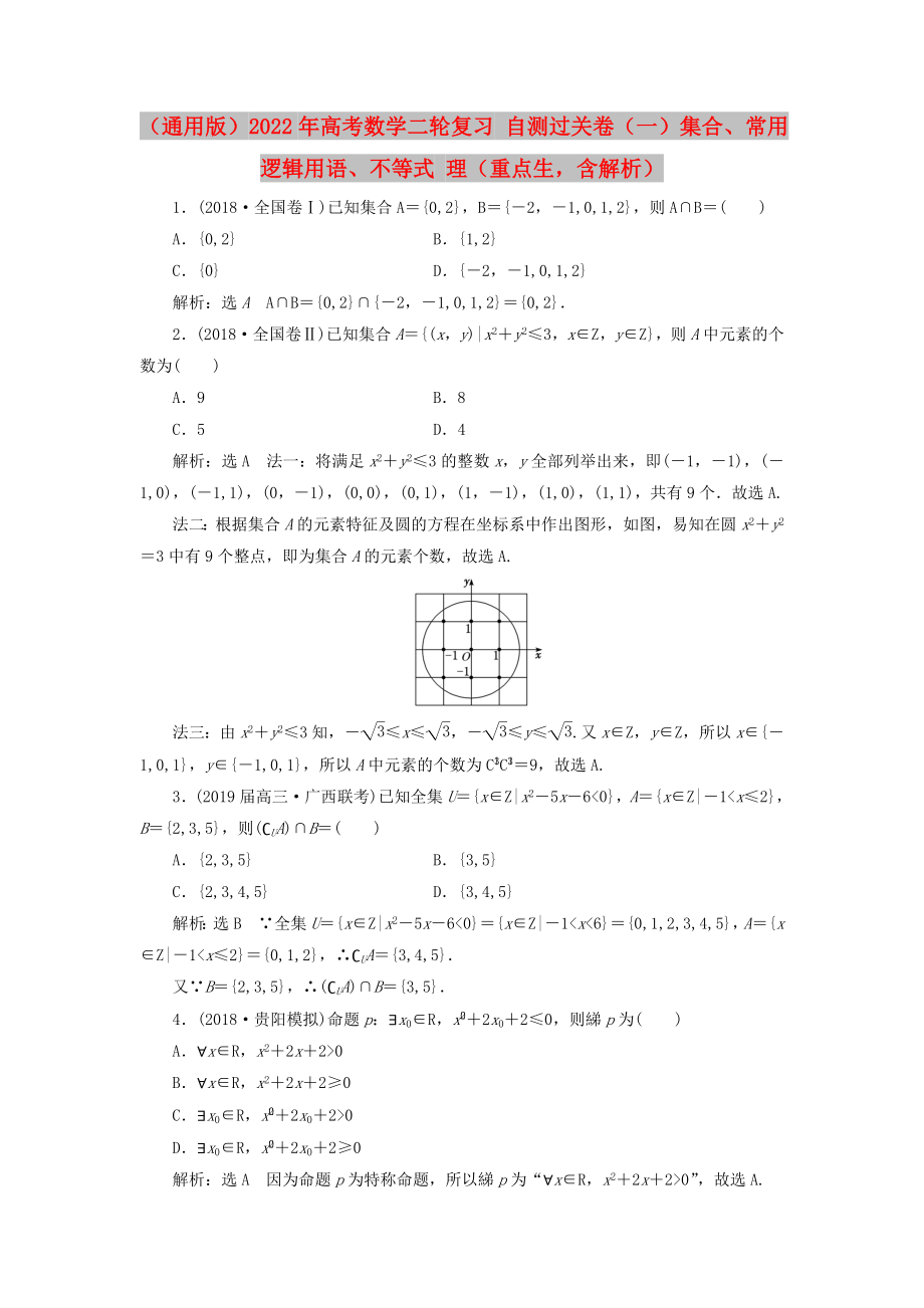 （通用版）2022年高考數(shù)學(xué)二輪復(fù)習(xí) 自測過關(guān)卷（一）集合、常用邏輯用語、不等式 理（重點(diǎn)生含解析）_第1頁