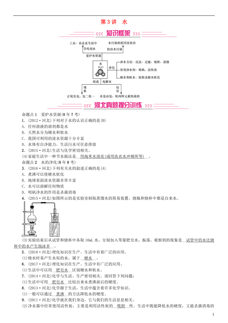 （河北專版）2019年中考化學(xué)復(fù)習(xí) 主題一 身邊的化學(xué)物質(zhì) 第3講 水練習(xí)_第1頁