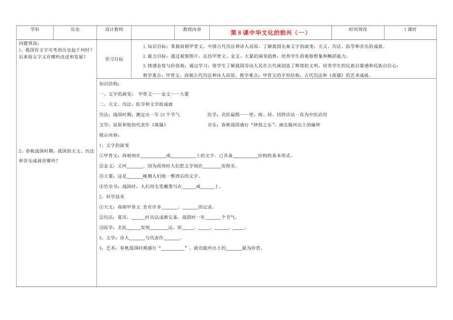 吉林省公主嶺市七年級(jí)歷史上冊(cè) 第8課 中華文化的勃興（一）學(xué)案（無(wú)答案） 人教新課標(biāo)版_第1頁(yè)