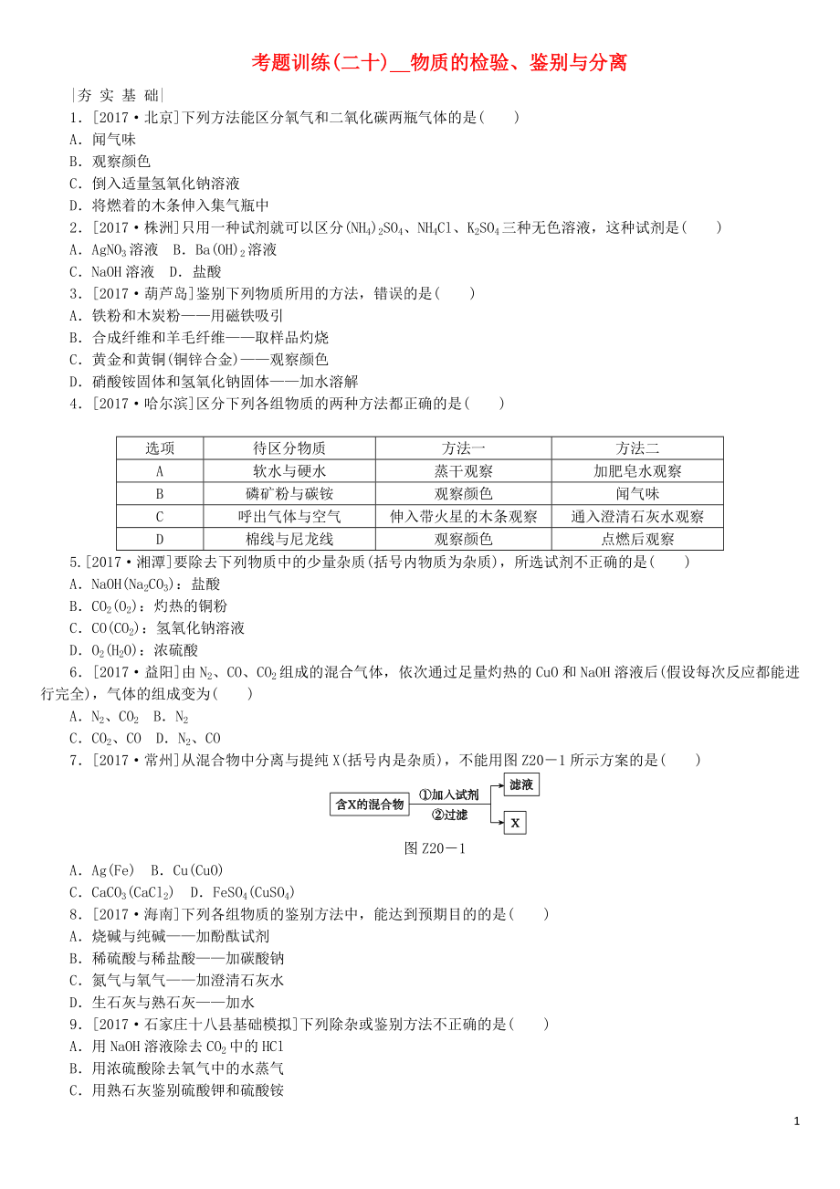 （河北專版）2018年中考化學(xué)復(fù)習(xí)練習(xí) 考題訓(xùn)練（二十）物質(zhì)的檢驗、鑒別與分離_第1頁