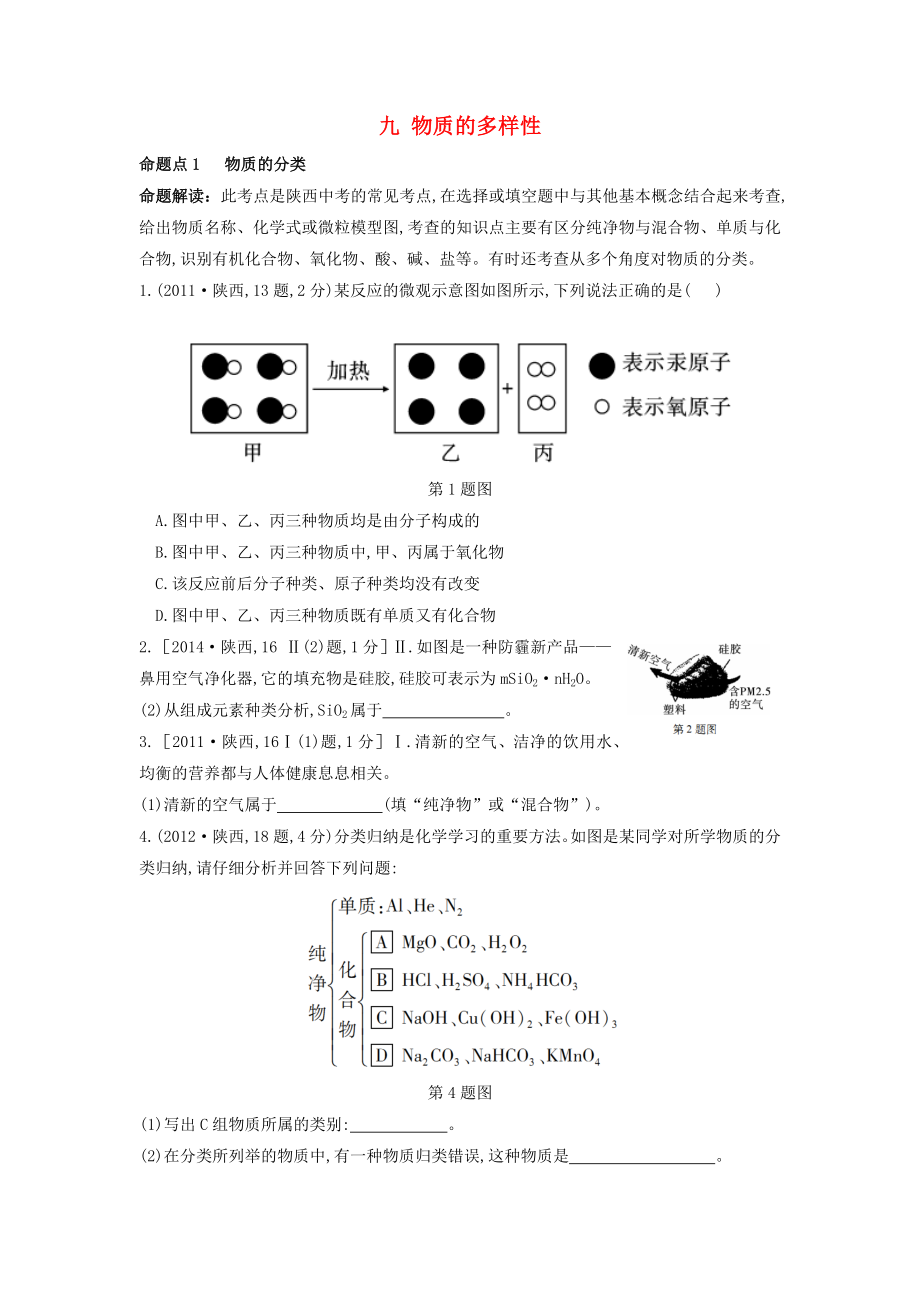 （陜西專用）2019版中考化學(xué)一練通 第一部分 中考考點(diǎn)掃描 模塊二 物質(zhì)構(gòu)成的奧秘 專題九 物質(zhì)的多樣性試題_第1頁(yè)