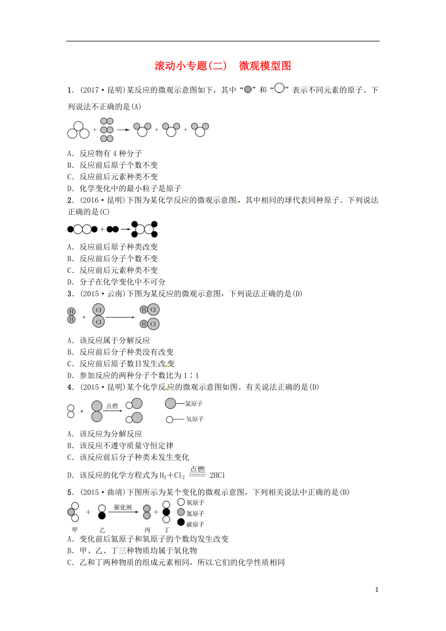 （云南專版）2019年中考化學(xué)總復(fù)習(xí) 滾動小專題（二）微觀模型圖習(xí)題_第1頁