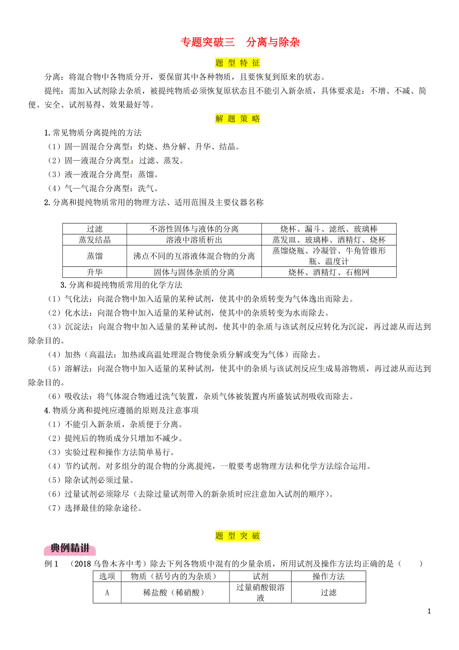 （百色專版）2019屆中考化學(xué)復(fù)習(xí) 第2編 重點專題突破篇 專題突破3 分離與除雜（精講）練習(xí)_第1頁