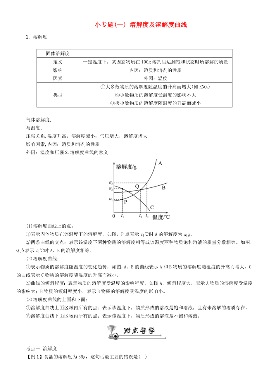 中考命題研究河北省2020中考化學 重點題型突破 小專題（一）溶解度及溶解度曲線（無答案）_第1頁