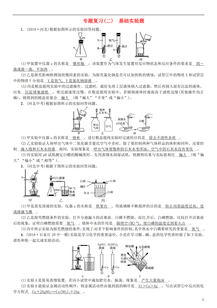 河北省2018年秋九年級(jí)化學(xué)下冊(cè) 專(zhuān)題復(fù)習(xí)（二）基礎(chǔ)實(shí)驗(yàn)題習(xí)題 （新版）新人教版_第1頁(yè)