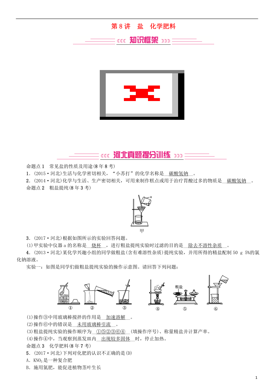 （河北專版）2019年中考化學(xué)復(fù)習(xí) 主題一 身邊的化學(xué)物質(zhì) 第8講 鹽 化學(xué)肥料練習(xí)_第1頁