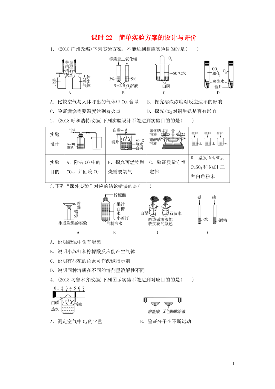 廣東省2019年中考化學總復習 第1部分 第五章 化學實驗 課時22 簡單實驗方案的設計與評價優(yōu)化訓練_第1頁