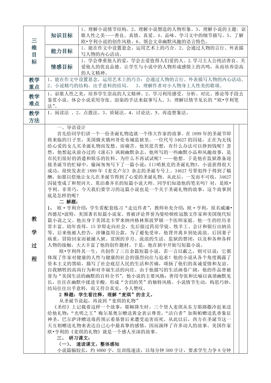 麦琪的礼物表格教学设计_第1页