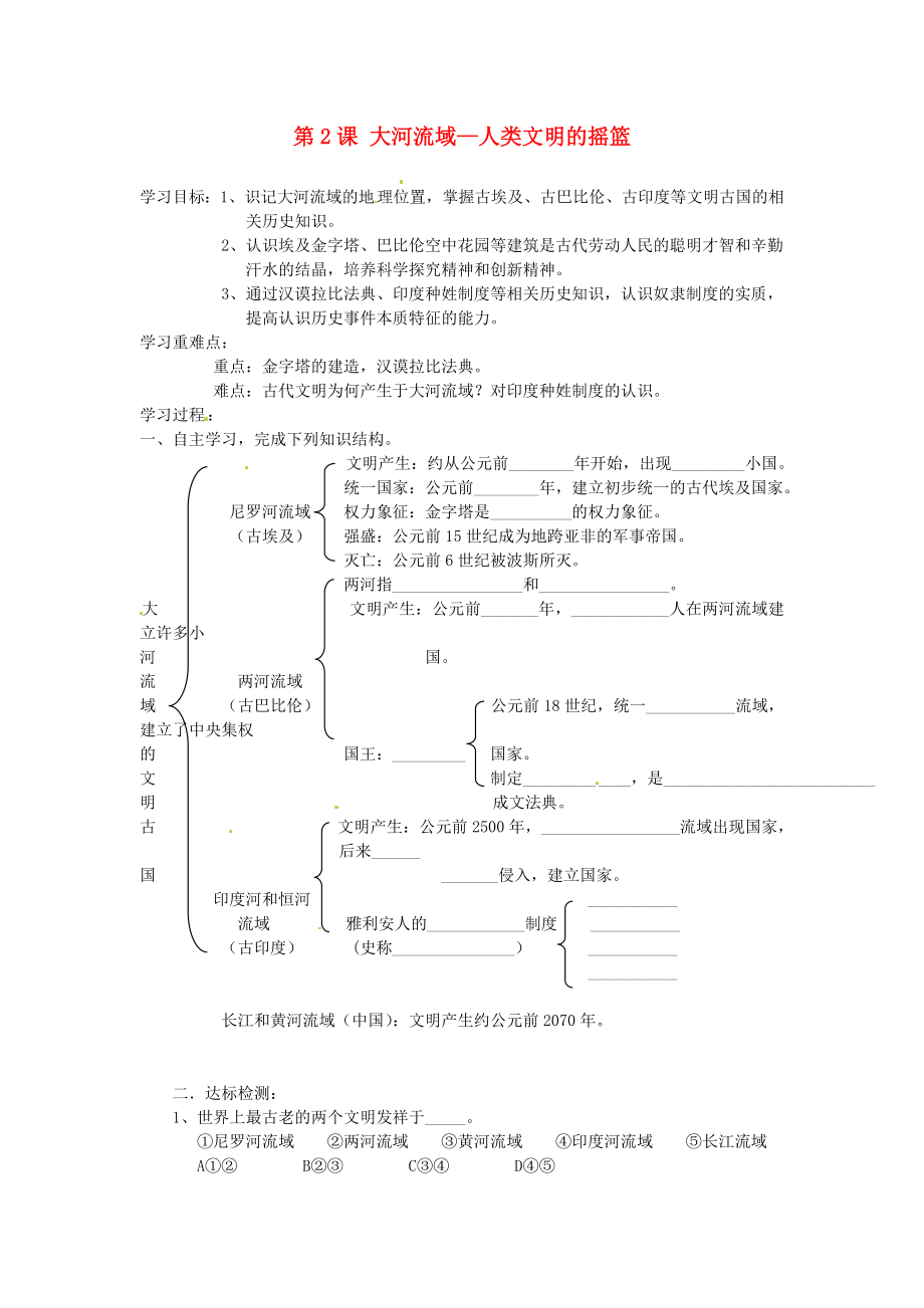 山東省新泰市汶城中學(xué)九年級歷史上冊 第2課 大河流域—人類文明的搖籃導(dǎo)學(xué)案（無答案） 新人教版_第1頁