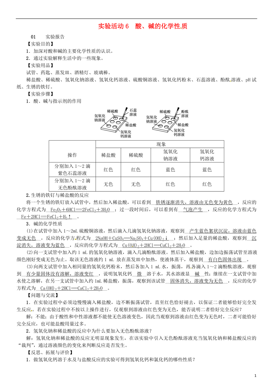 河北省2018年秋九年級化學(xué)下冊 第十單元 酸和堿 實驗活動6 酸、堿的化學(xué)性質(zhì)習(xí)題 （新版）新人教版_第1頁