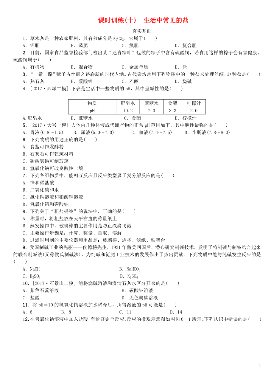 北京市2018年中考化學基礎復習 課時訓練（十）生活中常見的鹽練習_第1頁