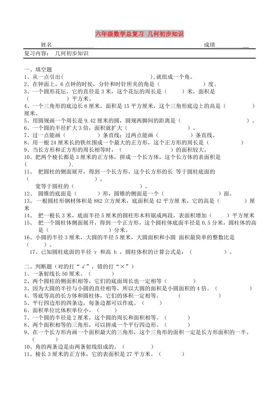 六年级数学总复习 几何初步知识_第1页