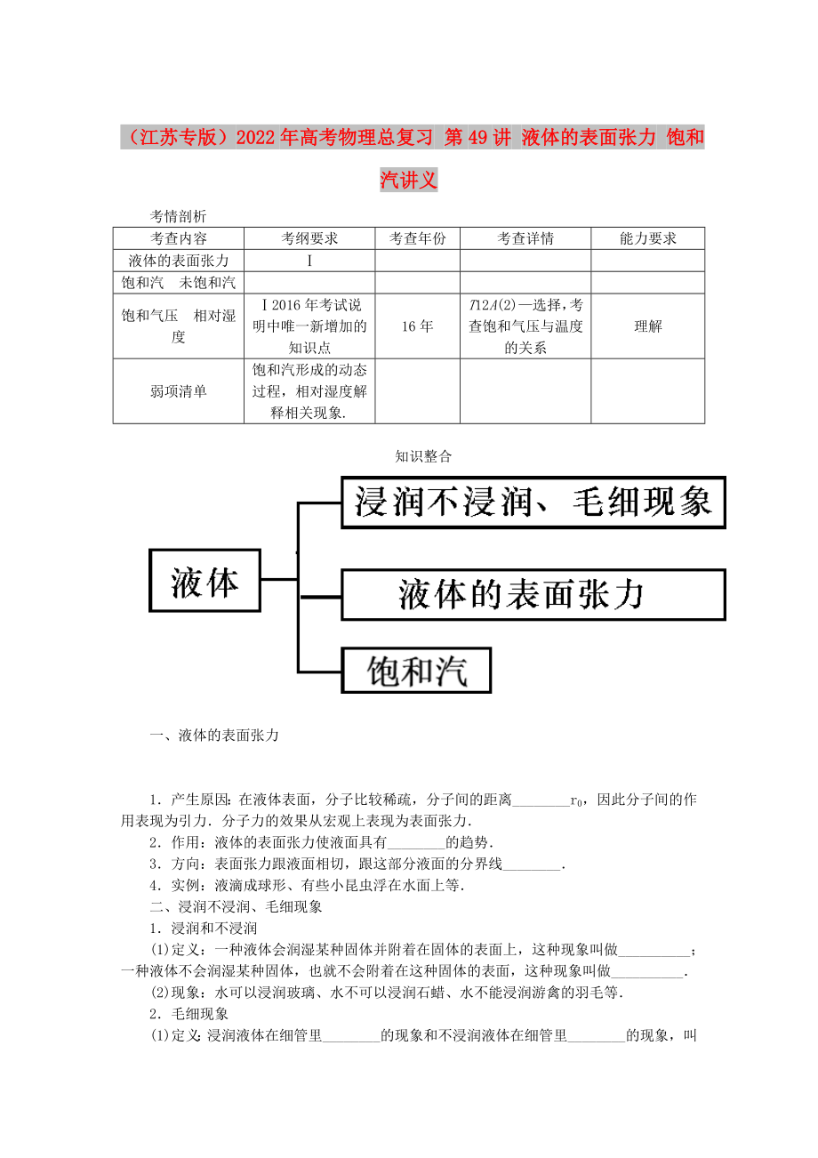 （江苏专版）2022年高考物理总复习 第49讲 液体的表面张力 饱和汽讲义_第1页