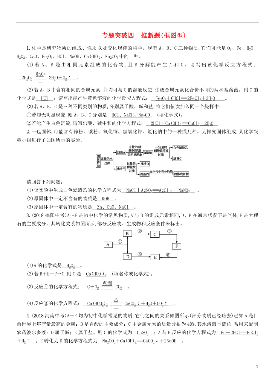 （百色專版）2019屆中考化學(xué)畢業(yè)總復(fù)習(xí) 第2編 重點(diǎn)專題突破篇 專題突破4 推斷題（框圖型）檢測(cè)_第1頁(yè)