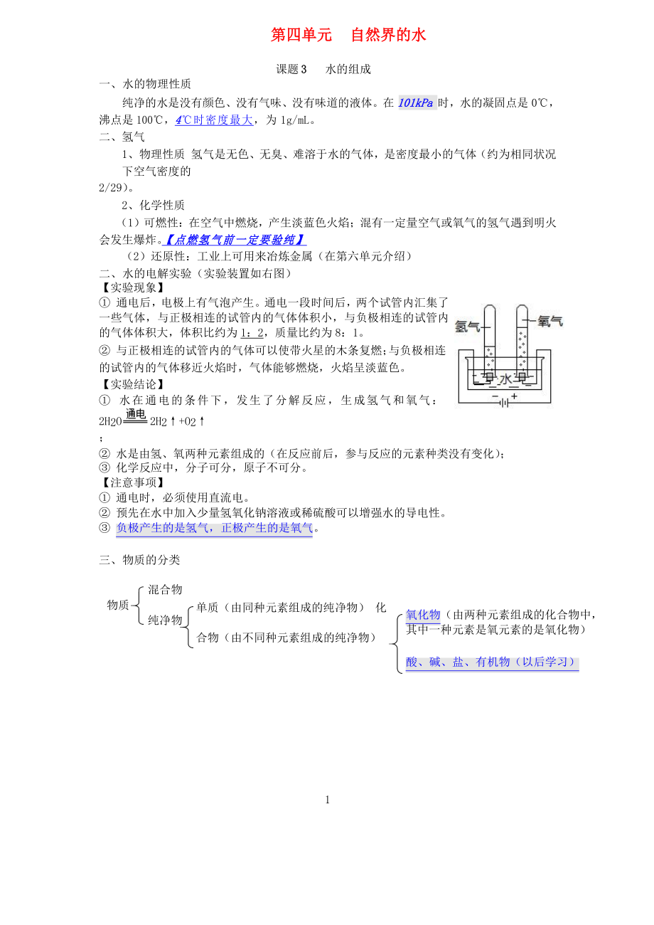 九年級化學(xué)上冊 第四單元 自然界的水 課題3《水的組成》知識點(diǎn) （新版）新人教版（通用）_第1頁