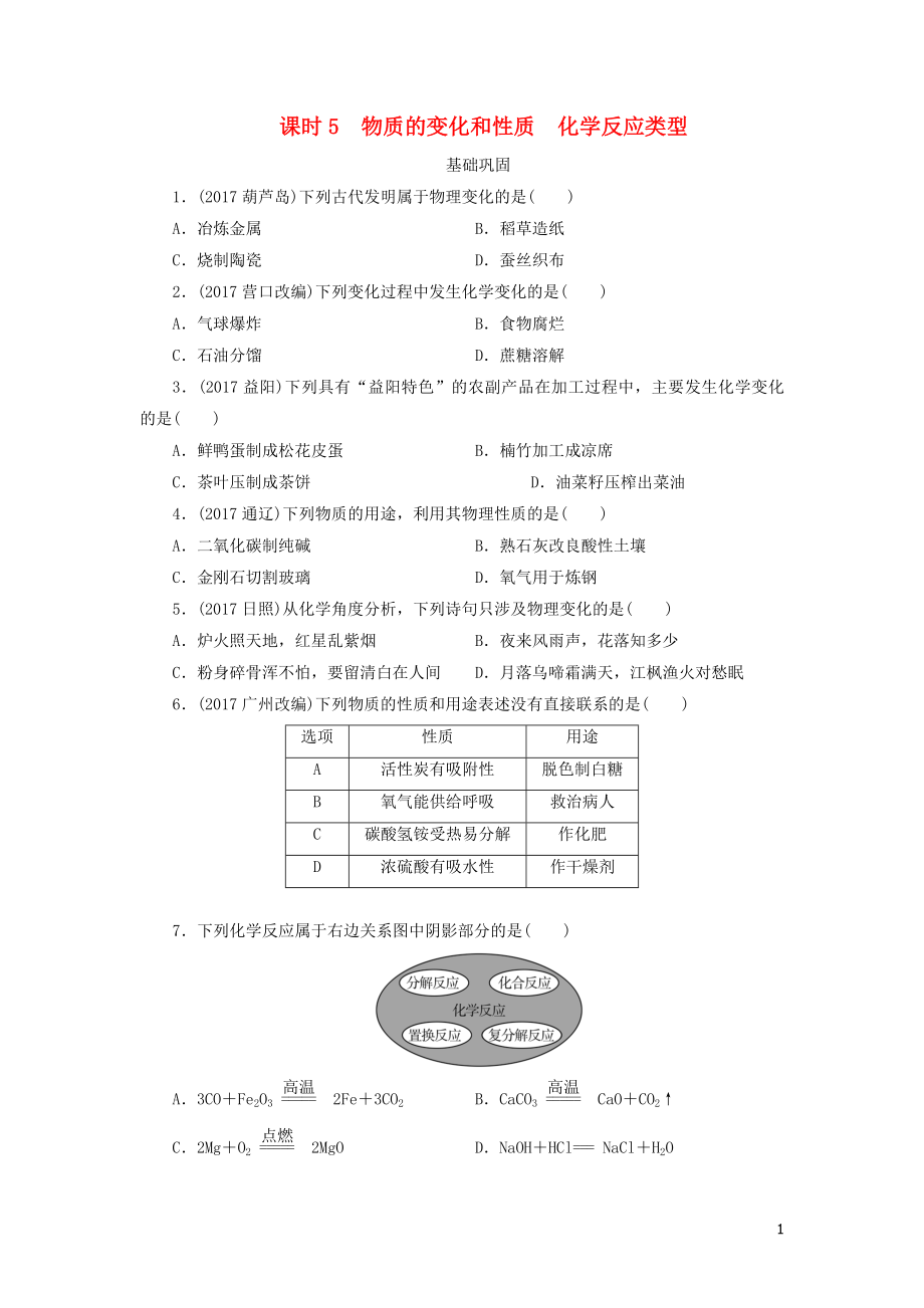 广东省2018年中考化学总复习 课时5 物质的变化和性质 化学反应类型练习_第1页