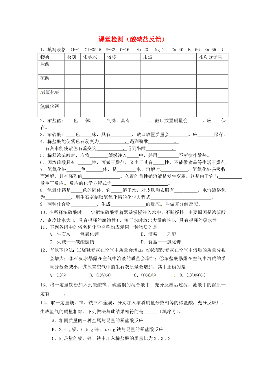 北京市延慶縣靳家堡中學(xué)九年級化學(xué)下冊 課堂檢測（酸堿鹽反饋）3（無答案） 人教新課標(biāo)版_第1頁