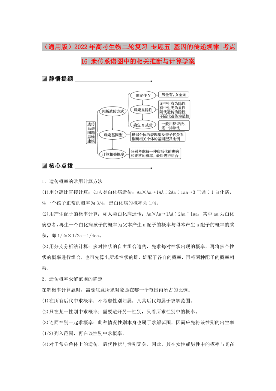 （通用版）2022年高考生物二輪復(fù)習(xí) 專題五 基因的傳遞規(guī)律 考點(diǎn)16 遺傳系譜圖中的相關(guān)推斷與計(jì)算學(xué)案_第1頁