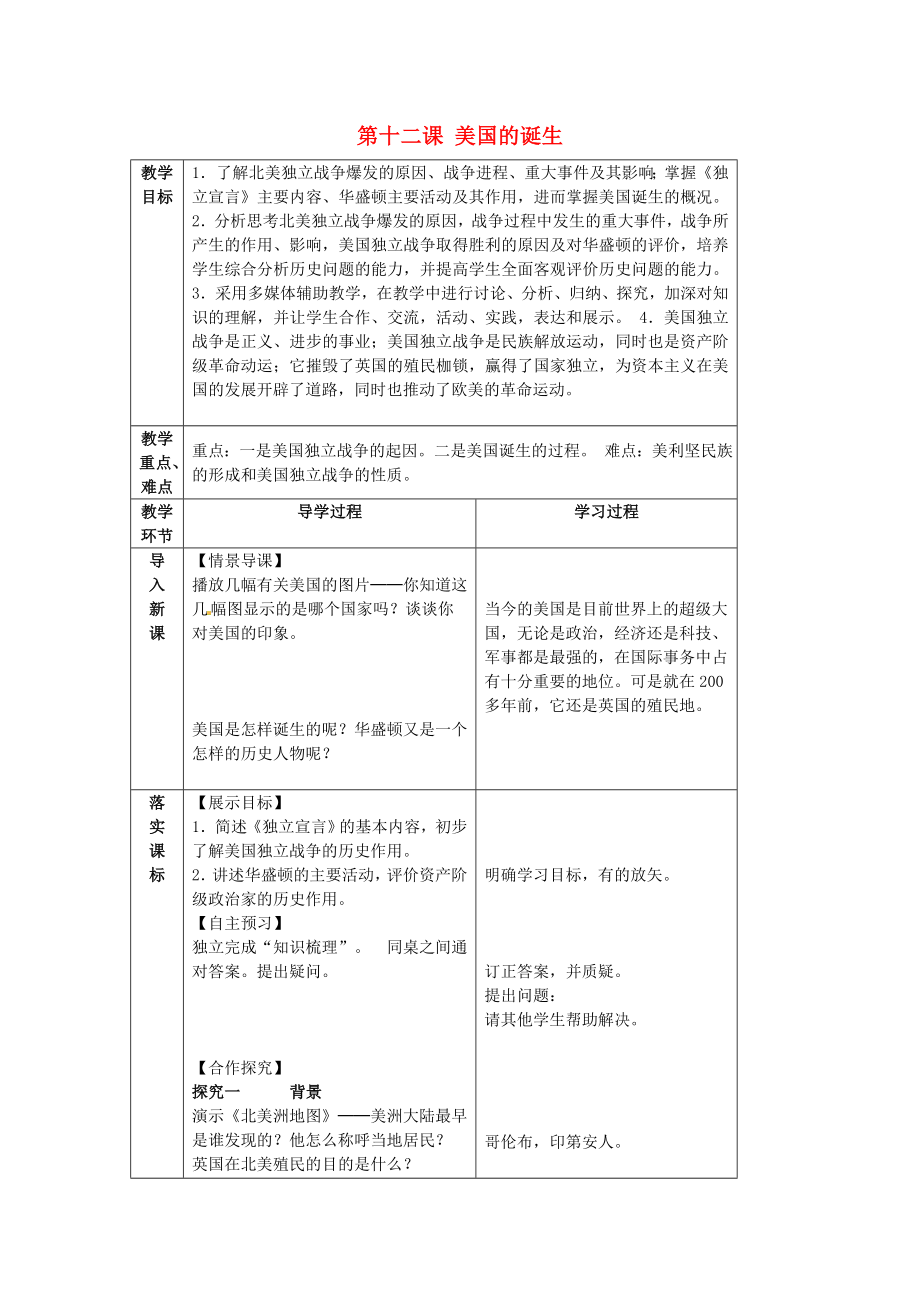 山東省臨沂市蒙陰縣第四中學(xué)九年級歷史上冊 第12課《美國的誕生》教案 新人教版（通用）_第1頁