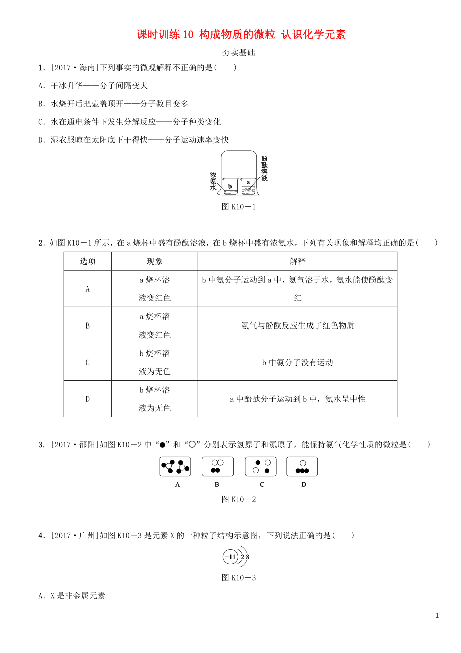 湖南省2018年中考化學復習 課時訓練10 構成物質的微粒 認識化學元素練習_第1頁