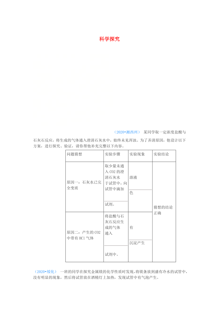 2020年中考化學真題分類匯編 3 化學實驗與探究 考點17 科學探究 實驗意外情況探究（無答案）_第1頁