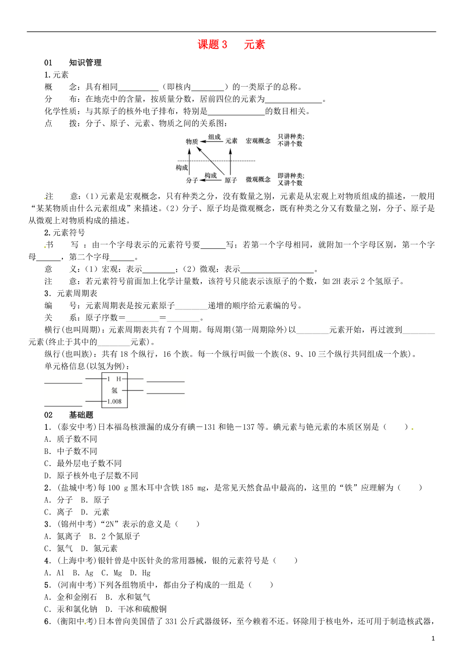 （河南專版）2018-2019版九年級(jí)化學(xué)上冊(cè) 第三單元 物質(zhì)構(gòu)成的奧秘 課題3 元素（增分課練）試題 （新版）新人教版_第1頁