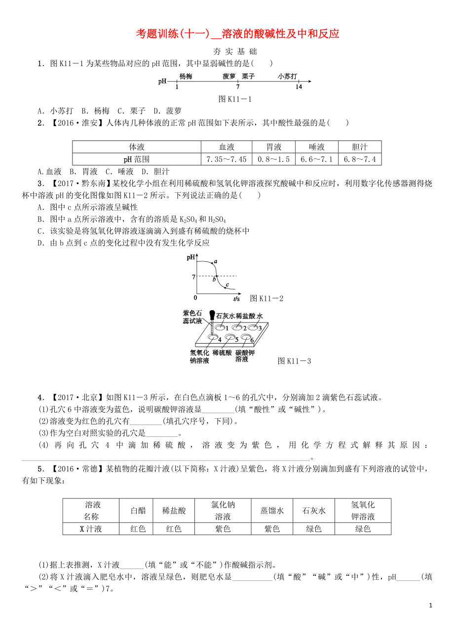 2018版中考化學(xué)復(fù)習(xí)方案 考題訓(xùn)練（十一）溶液的酸堿性及中和反應(yīng)練習(xí) （新版）魯教版_第1頁(yè)