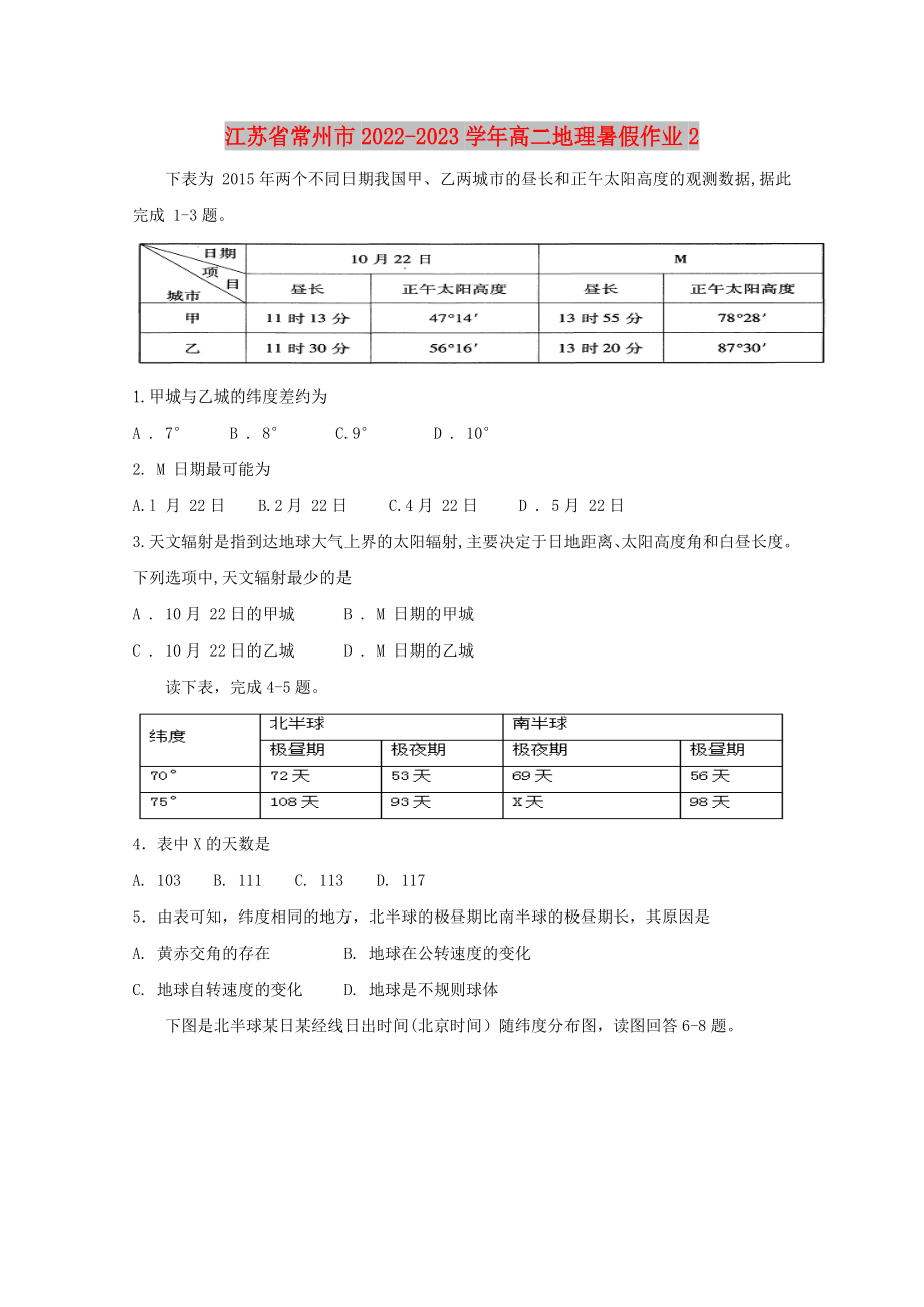 江苏省常州市2022-2023学年高二地理暑假作业2_第1页